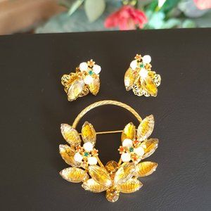 Vintage Yellow Givre Glass and Enamel Flower Rhinestone Brooch & Earring Set